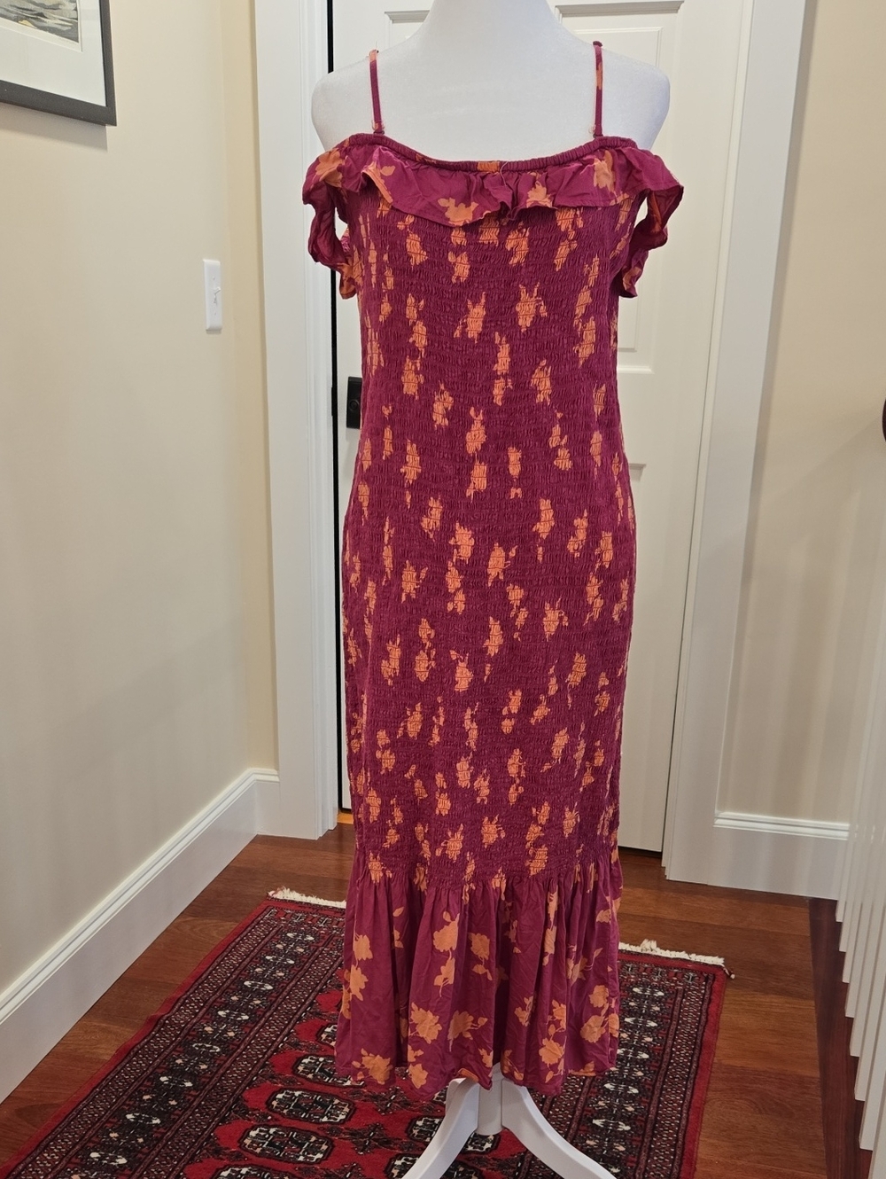 Anthropologie Burgundy Maxi Dress with Mustard Floral Print